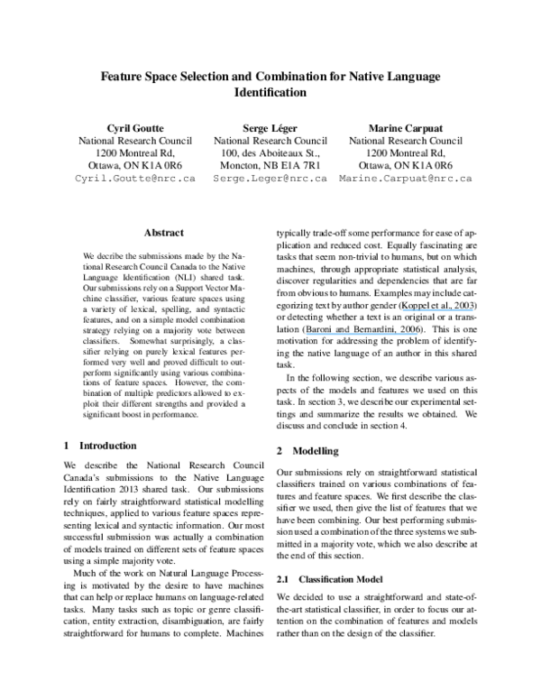 (PDF) Feature Space Selection and Combination for Native Language ...