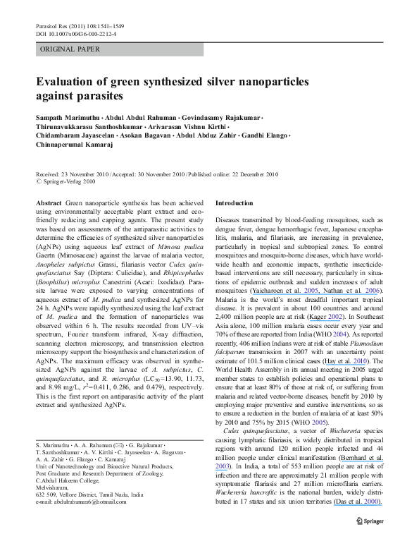 (PDF) Evaluation of green synthesized silver nanoparticles against ...