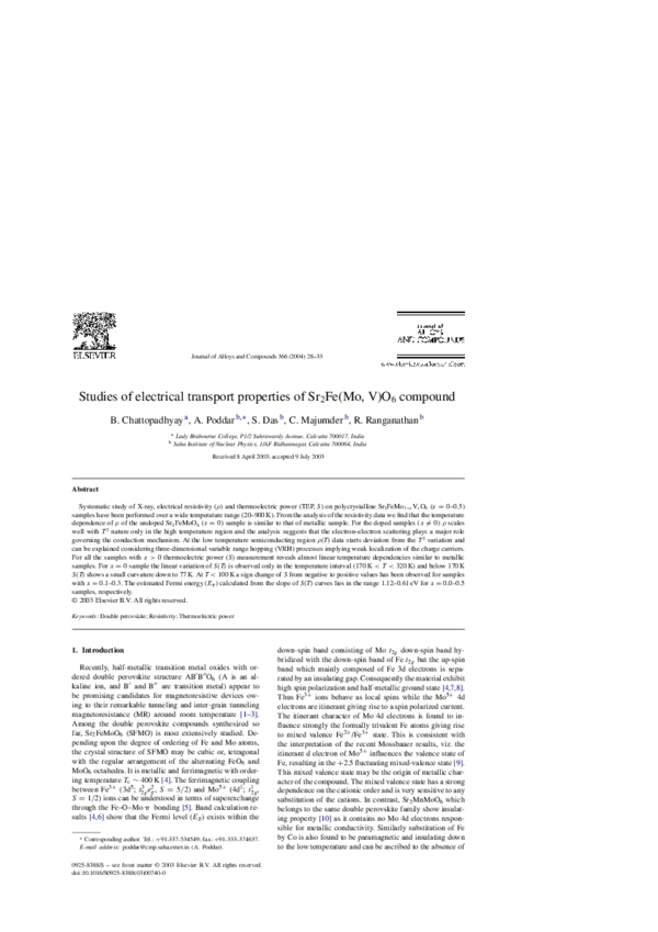 (PDF) Studies of electrical transport properties of Sr2Fe(Mo, V)O6 compound