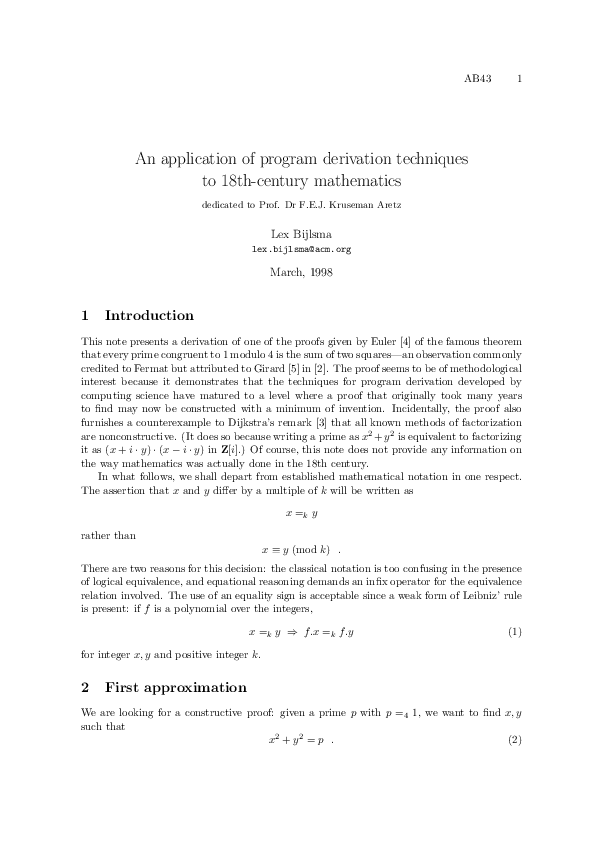 (PDF) An Application of Program Derivation Techniques to 18th-Century ...