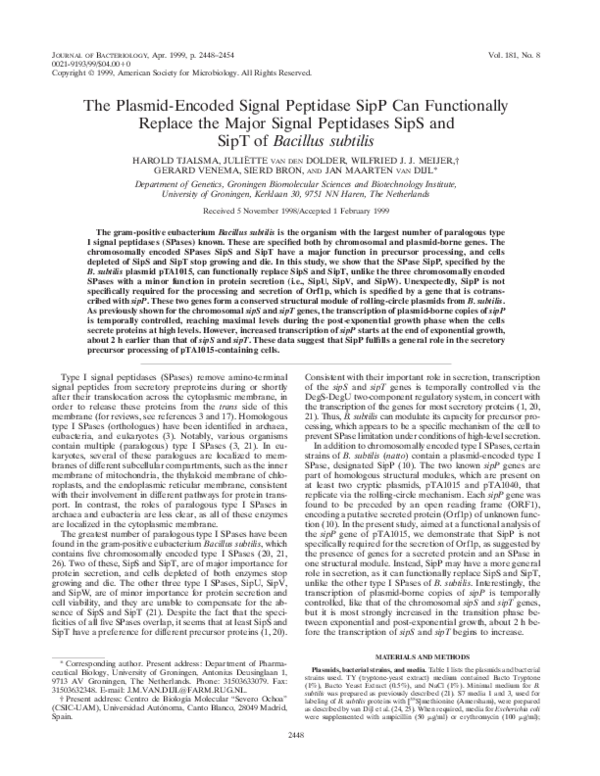 (PDF) The Plasmid-Encoded Signal Peptidase SipP Can Functionally ...