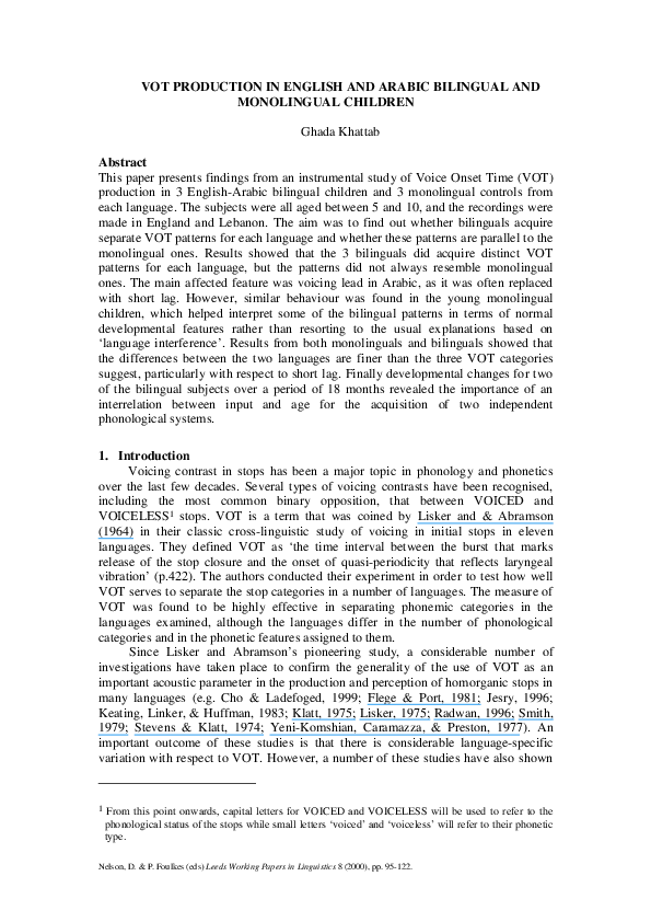 (PDF) Vot Production in English and Arabic Bilingual and Monolingual ...