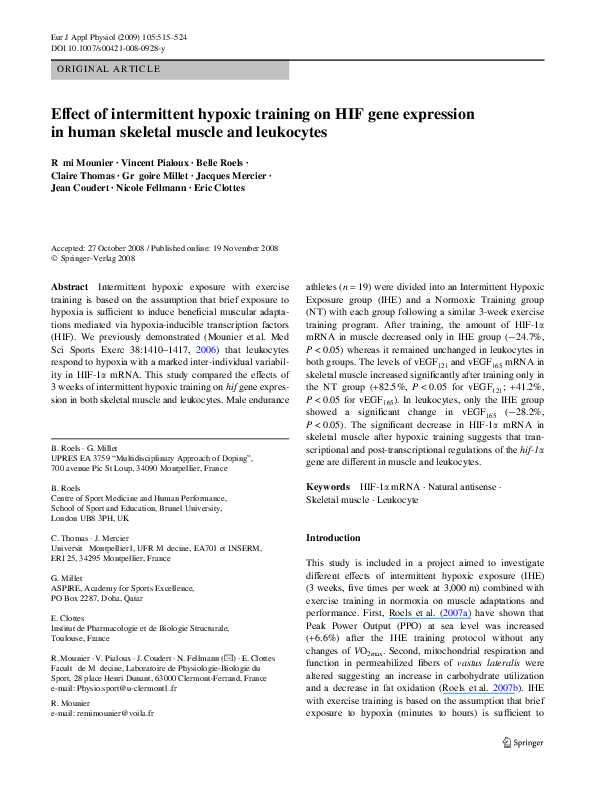 (PDF) Effect of intermittent hypoxic training on HIF gene expression in ...