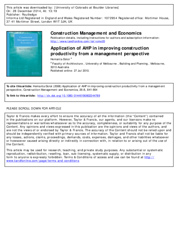 (PDF) Construction Management and Economics Application of AHP in ...