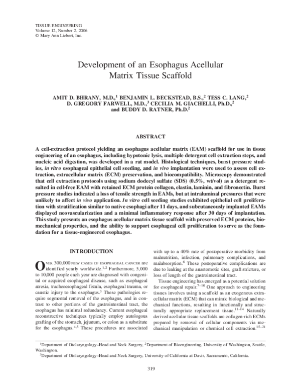 (PDF) Development of an Esophagus Acellular Matrix Tissue Scaffold