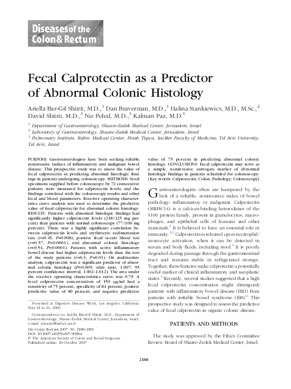 (PDF) Fecal Calprotectin as a Predictor of Abnormal Colonic Histology