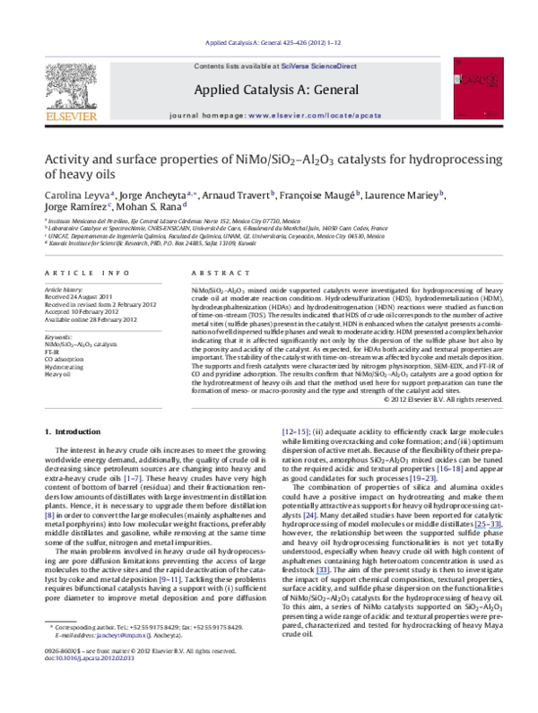 (PDF) Activity and surface properties of NiMo/SiO2–Al2O3 catalysts for ...