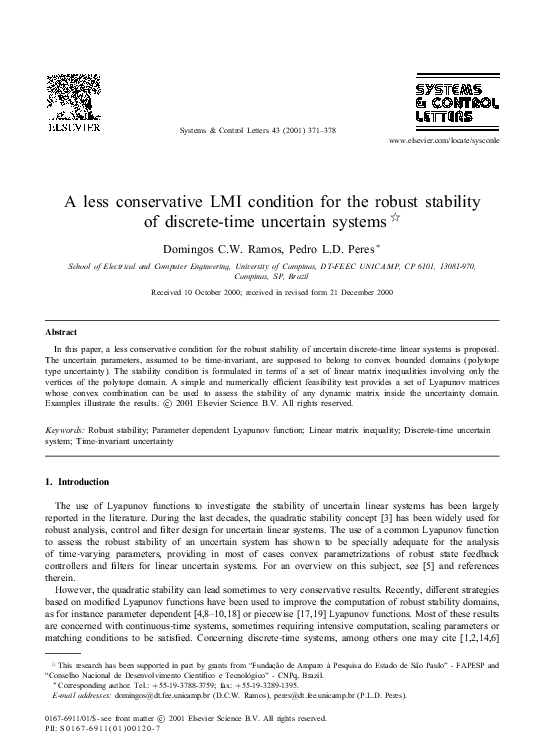 (PDF) A less conservative LMI condition for the robust stability of ...