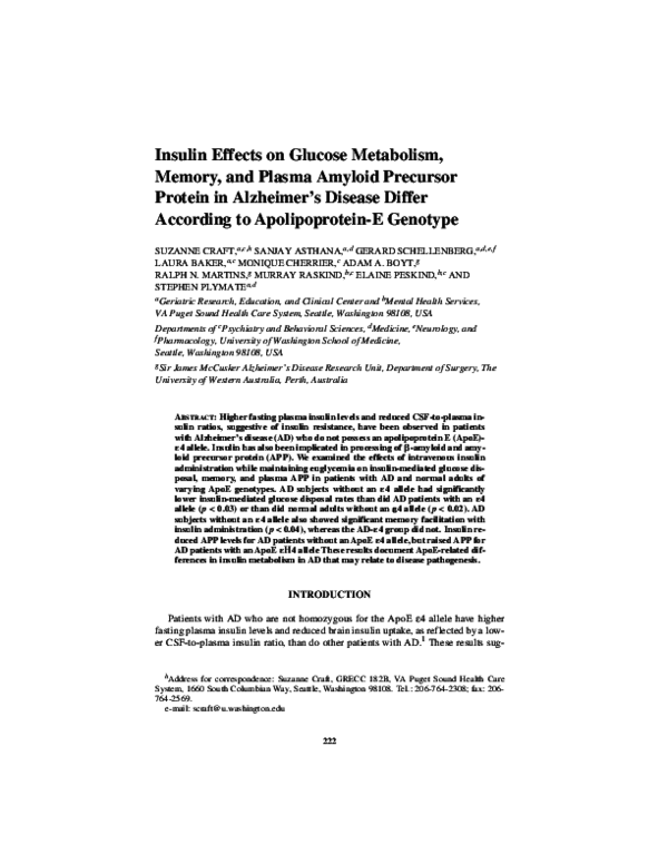 (PDF) Insulin Effects on Glucose Metabolism, Memory, and Plasma Amyloid ...