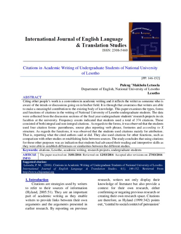 (PDF) Citations in Academic Writing of Undergraduate (PDF) Citations in Academic Writing of Undergraduate