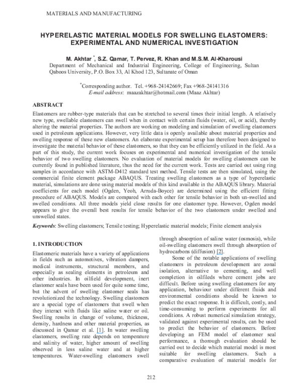 (PDF) Hyperelastic material models for swelling elastomers