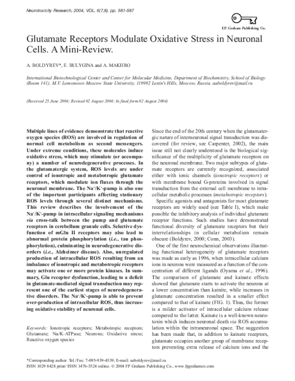 (PDF) Glutamate receptors modulate oxidative stress in neuronal cells ...