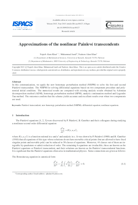 (PDF) Approximations of the nonlinear Painlevé transcendents