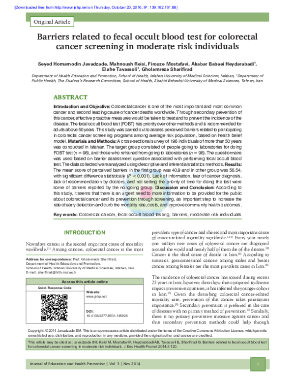 (PDF) Barriers related to fecal occult blood test for colorectal cancer ...