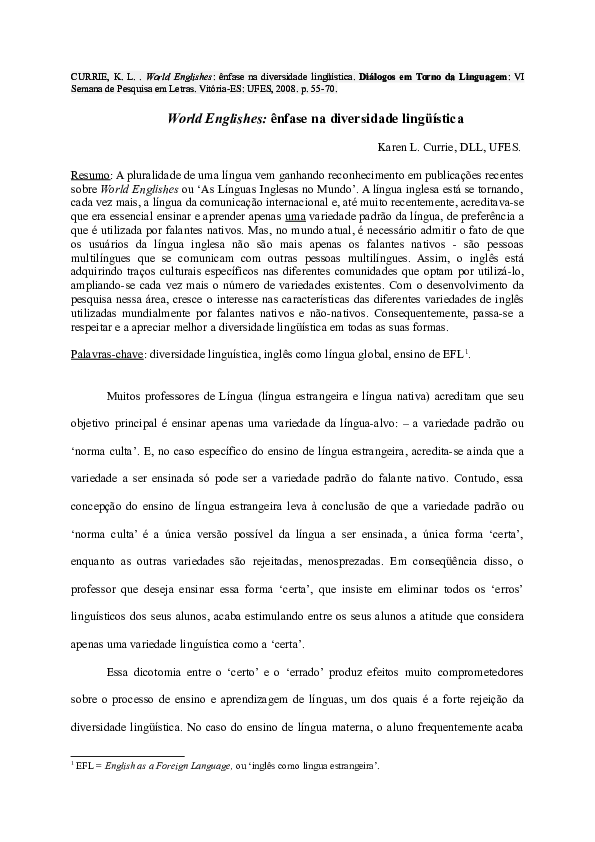 (DOC) World Englishes ênfase na diversidade lingüística Karen Currie Academia.edu