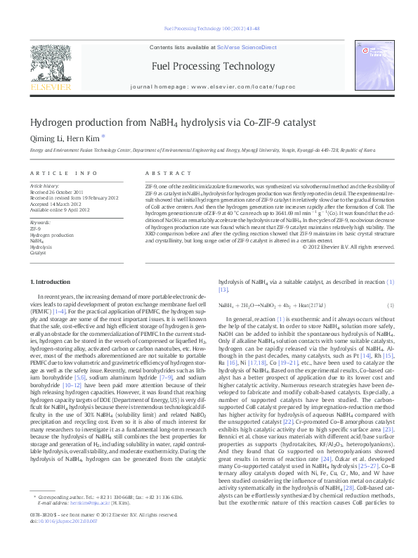 (PDF) Hydrogen production from NaBH4 hydrolysis via Co-ZIF-9 catalyst