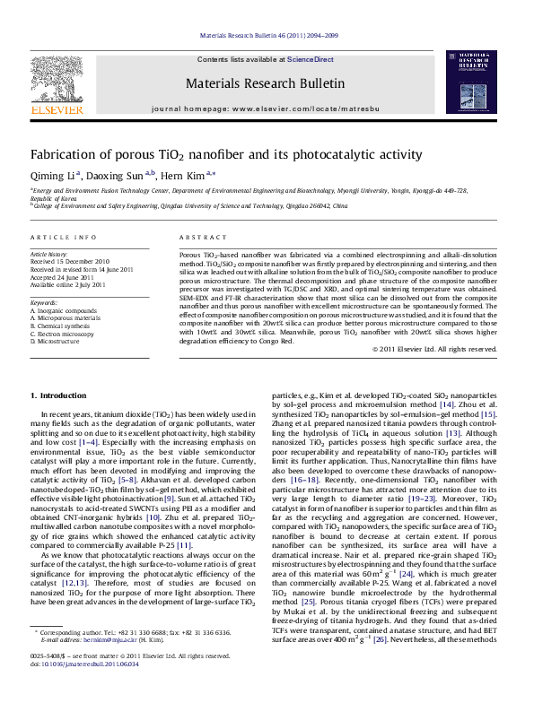(PDF) Fabrication of porous TiO2 nanofiber and its photocatalytic activity