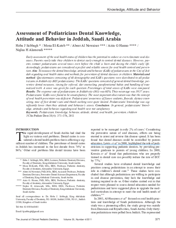 (PDF) Assessment of pediatricians dental knowledge, attitude and ...