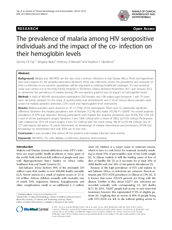 (PDF) The prevalence of malaria among HIV seropositive individuals and ...