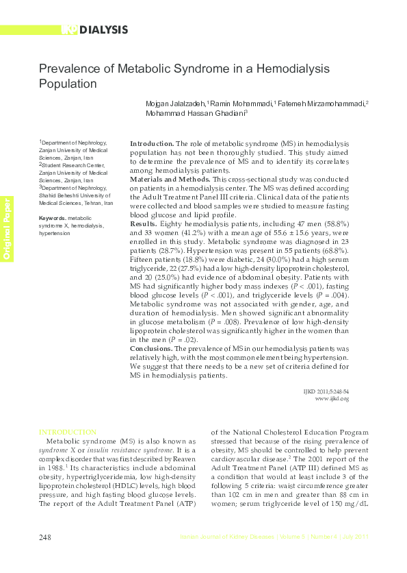 (PDF) Prevalence of Metabolic Syndrome in a Hemodialysis Population