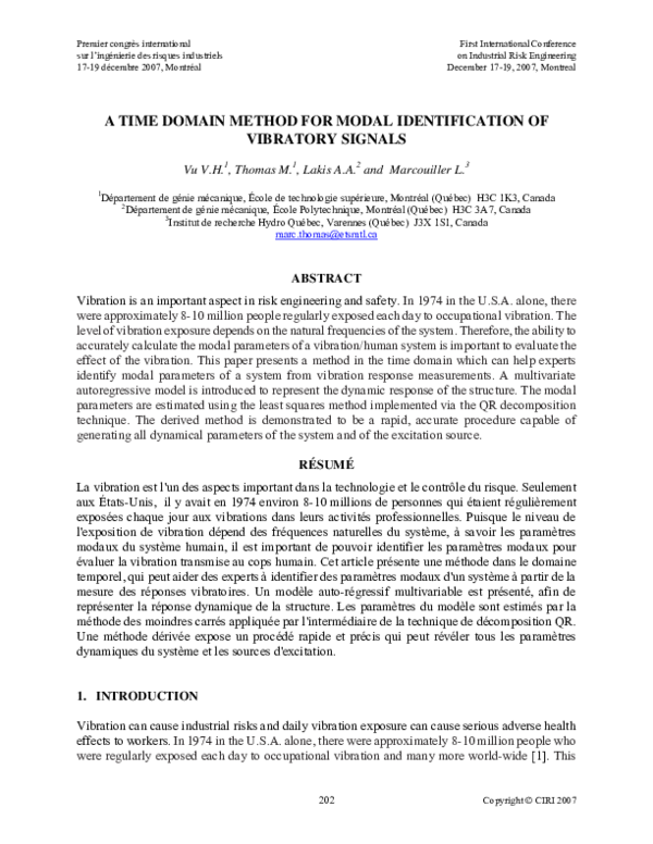 (PDF) A TIME DOMAIN METHOD FOR MODAL IDENTIFICATION OF VIBRATORY SIGNALS