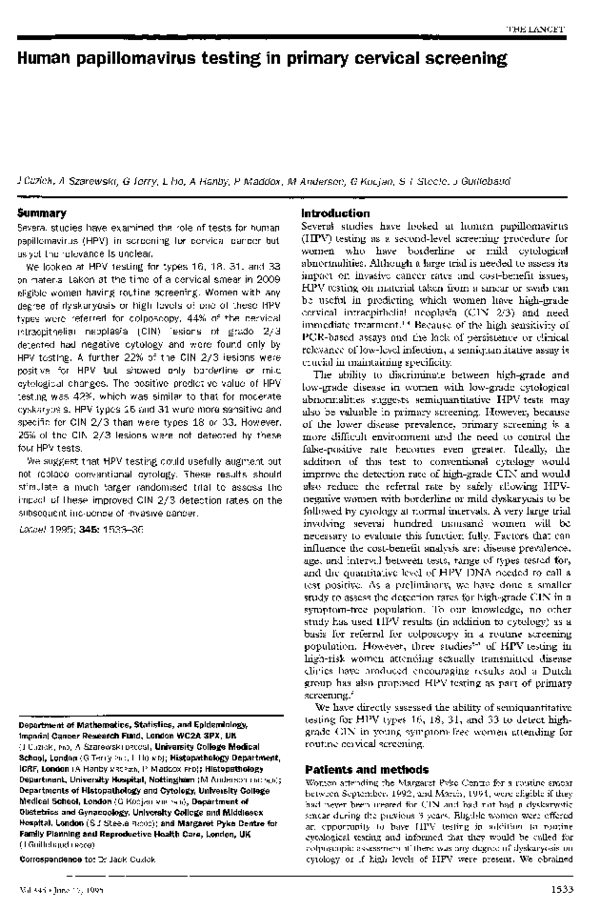 (PDF) Human papillomavirus testing in primary cervical screening