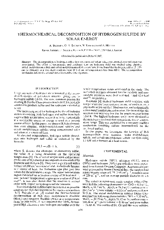 (PDF) Thermochemical decomposition of hydrogen sulfide by solar energy