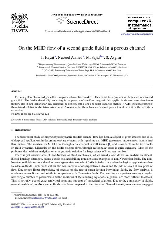 (PDF) On the MHD flow of a second grade fluid in a porous channel