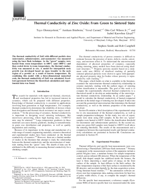 (PDF) Thermal Conductivity of Zinc Oxide From Green to Sintered State