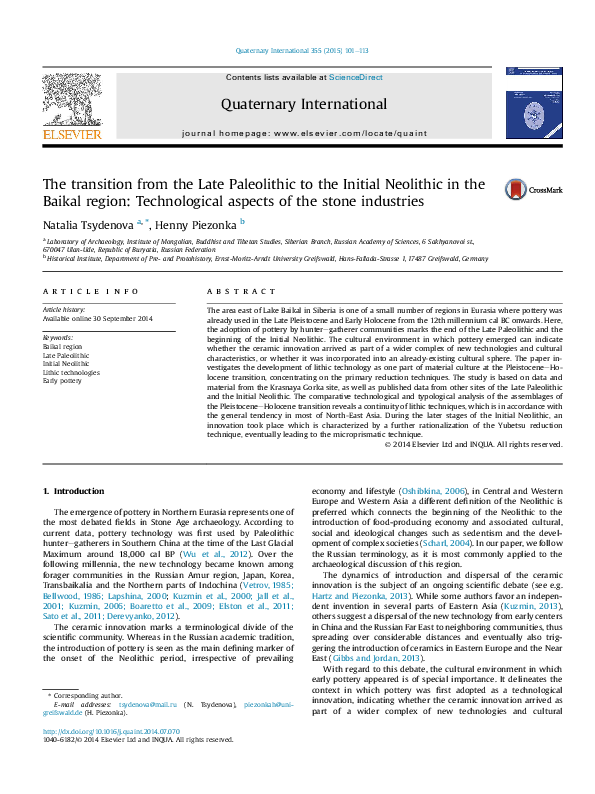 (PDF) The transition from the Late Paleolithic to the Initial Neolithic ...