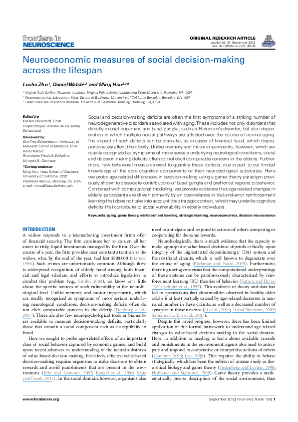 (PDF) Neuroeconomic Measures of Social Decision-Making Across the Lifespan