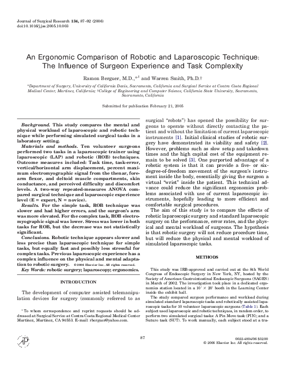 (PDF) An Ergonomic Comparison of Robotic and Laparoscopic Technique ...