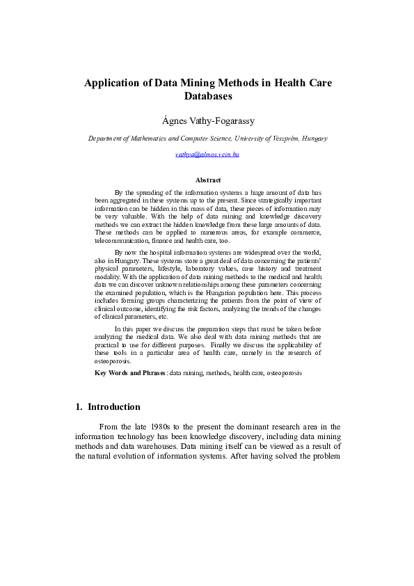 (DOC) Application of Data Mining Methods in Health Care Databases