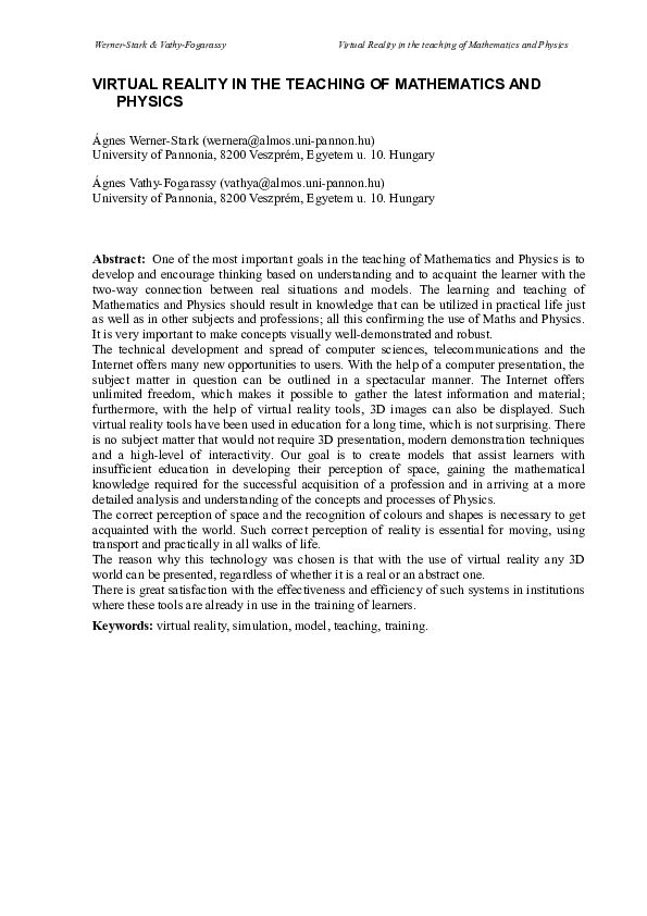 (DOC) Virtual Reality Simulations in the Education of Mathematics and ...