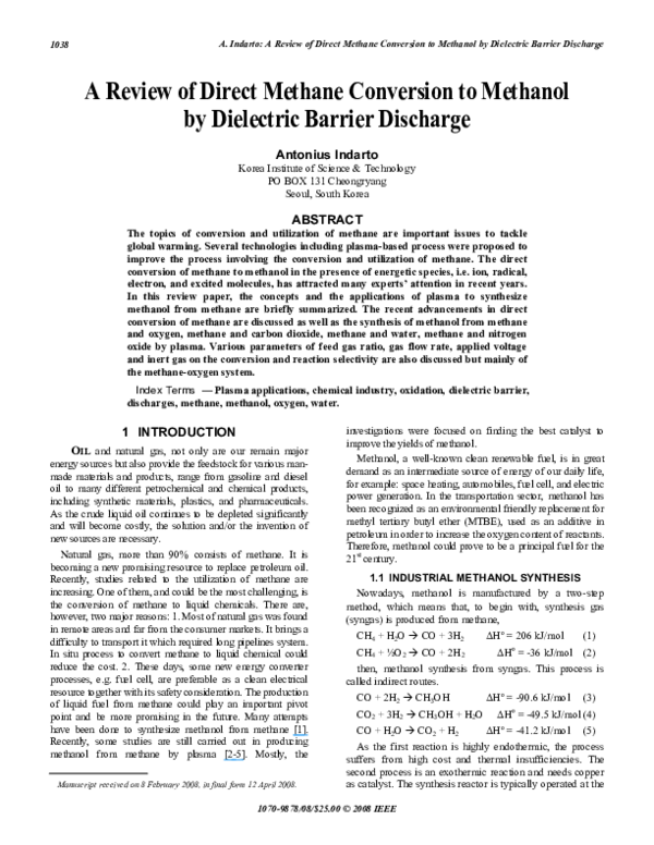 (PDF) A review of direct methane conversion to methanol by dielectric ...