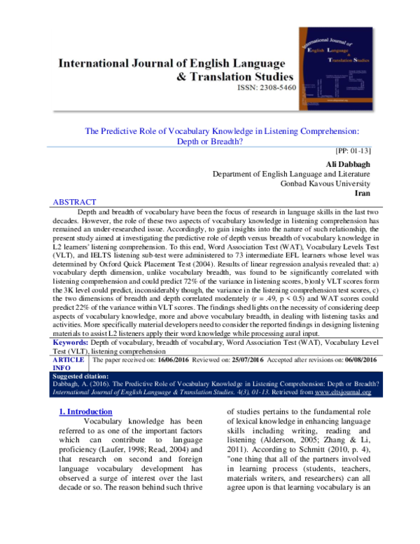 (PDF) The Predictive Role of Vocabulary Knowledge in Listening ...