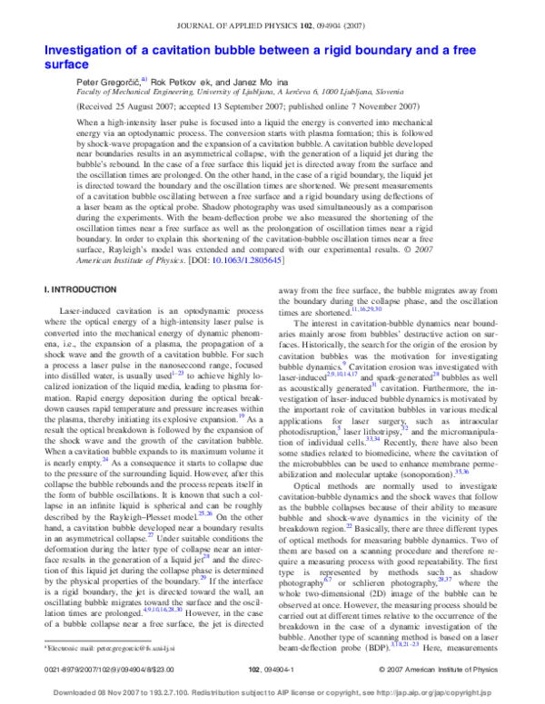 (PDF) Investigation of a cavitation bubble between a rigid boundary and ...