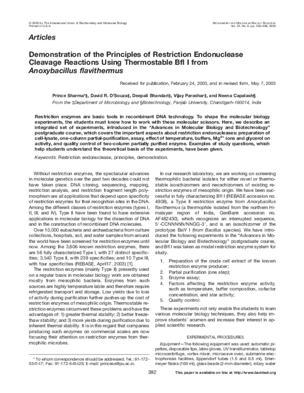 (PDF) Demonstration of the principles of restriction endonuclease