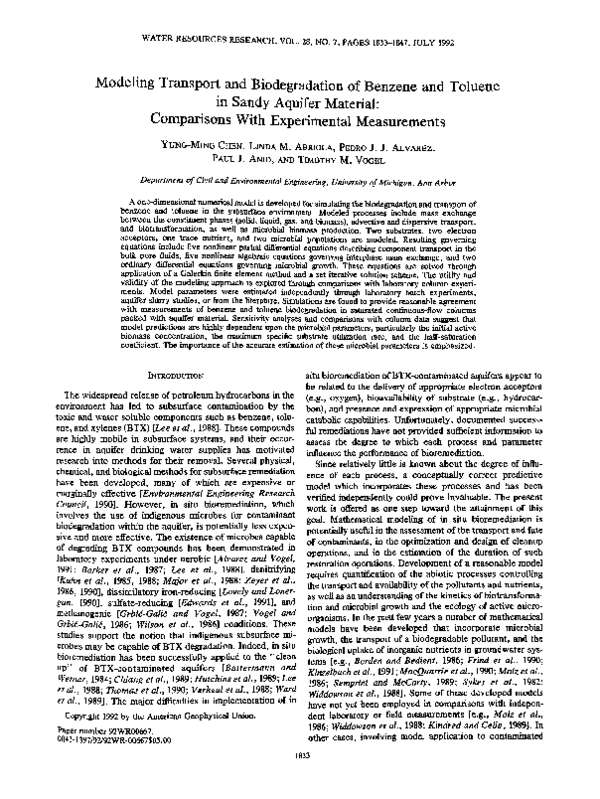 (PDF) Modeling Transport and Biodegradation of Benzene and Toluene in ...