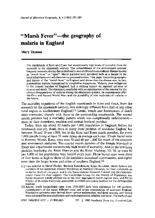 (PDF) “Marsh fever”—The geography of malaria in England