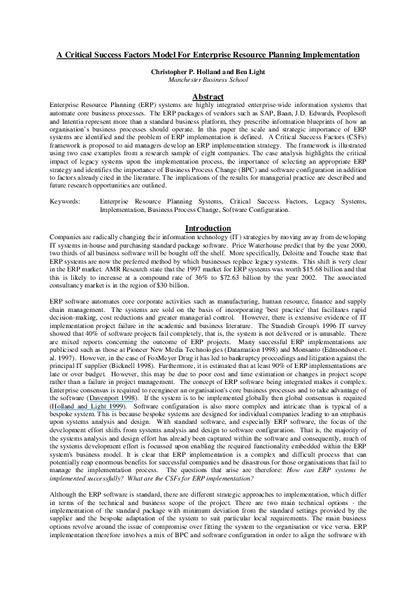 (PDF) A critical success factors model for enterprise resource planning ...