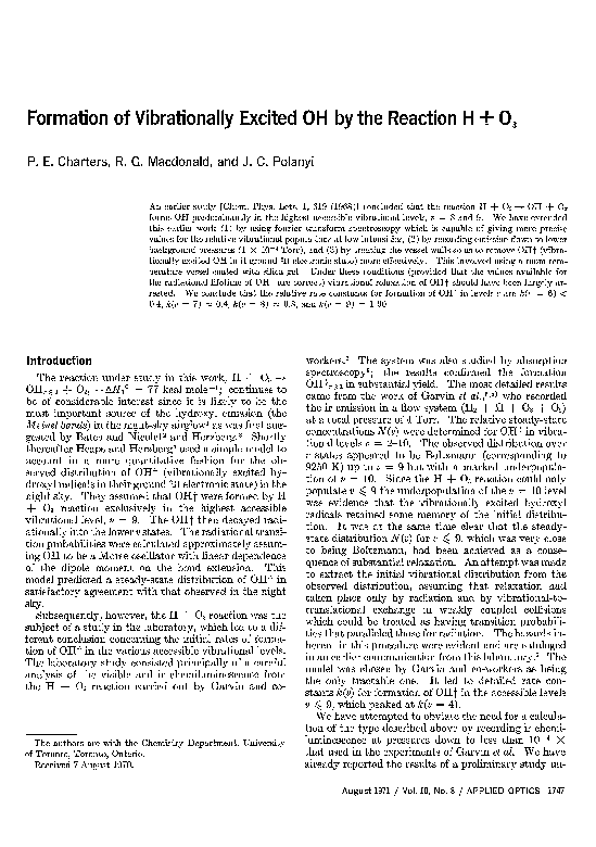 (PDF) Formation of Vibrationally Excited OH by the Reaction H + O_3