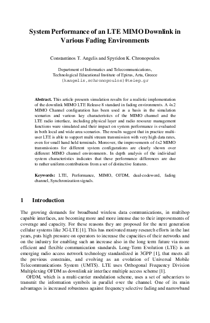 (PDF) System Performance of an LTE MIMO Downlink in Various Fading ...