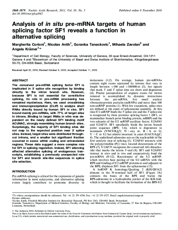 (PDF) Analysis of in situ pre-mRNA targets of human splicing factor SF1 ...