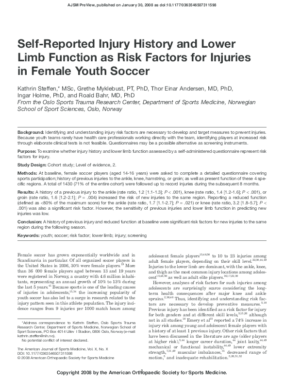 (PDF) Self-Reported Injury History and Lower Limb Function as Risk ...
