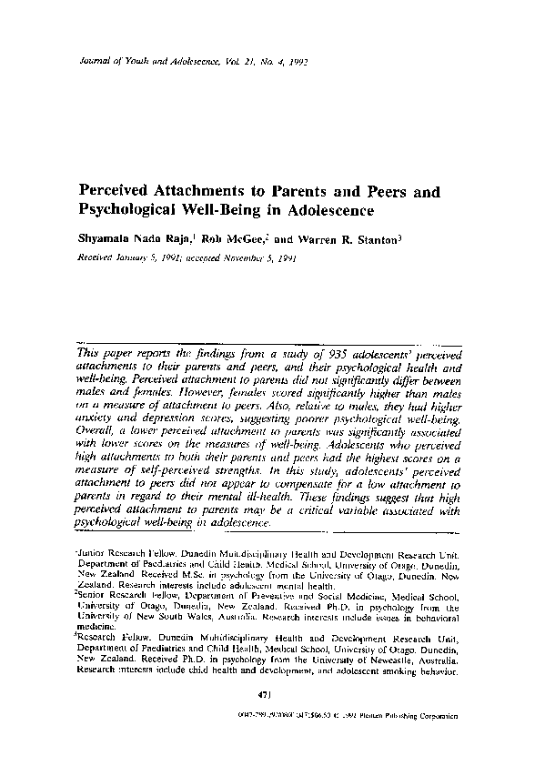 (PDF) Perceived attachments to parents and peers and psychological well ...