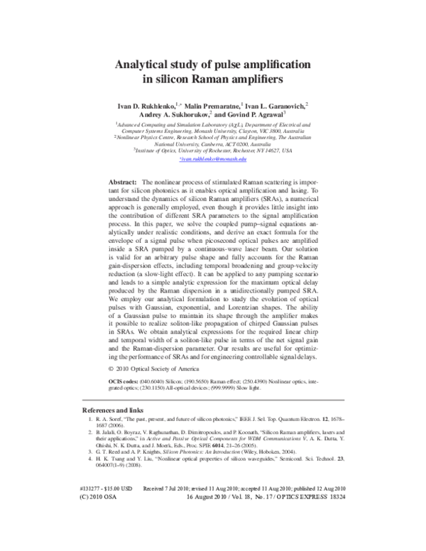 (PDF) Analytical study of pulse amplification in silicon Raman amplifiers