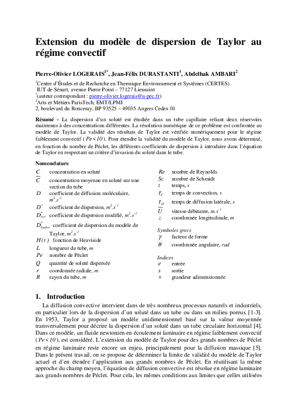 (PDF) Extension du modèle de dispersion de Taylor au régime convectif