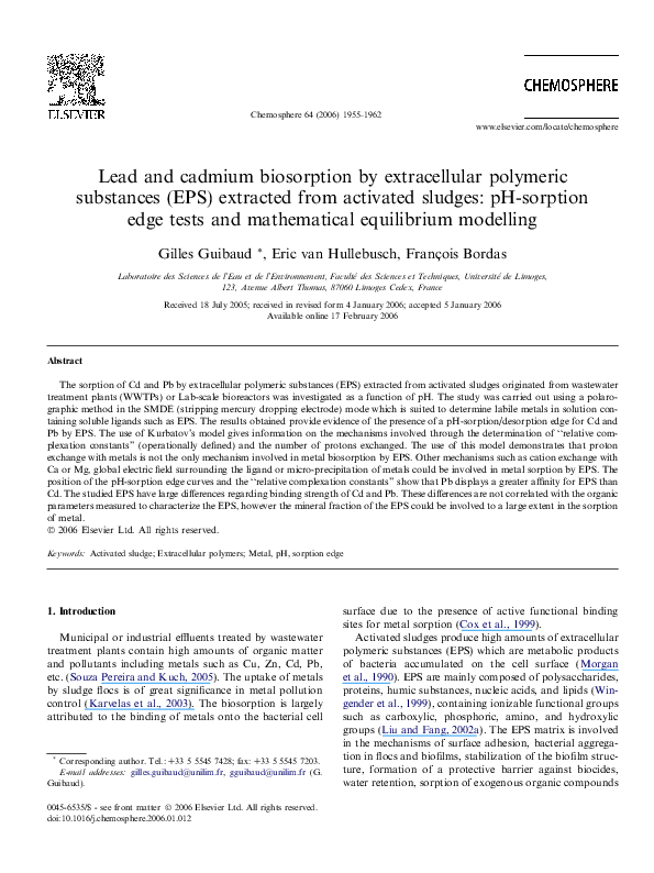 Pdf Lead And Cadmium Biosorption By Extracellular Polymeric Substances Eps Extracted From Activated Sludges Ph Sorption Edge Tests And Mathematical Equilibrium Modelling Eric Van Hullebusch Academia Edu