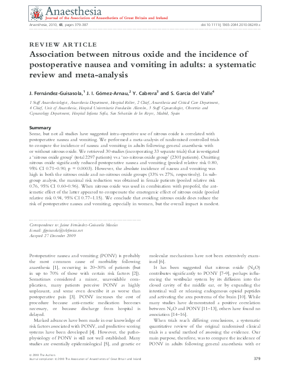 (PDF) Association between nitrous oxide and the incidence of postoperative nausea and vomiting